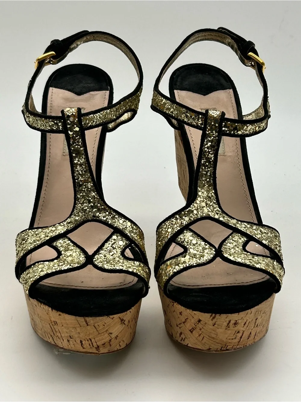 Miu Miu Gold Glitter Cork Platform Wedge Sandals size 39